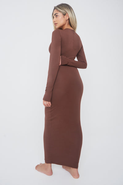 365 LONG SLEEVE BODYCON MIDI DRESS - CHOCOLATE