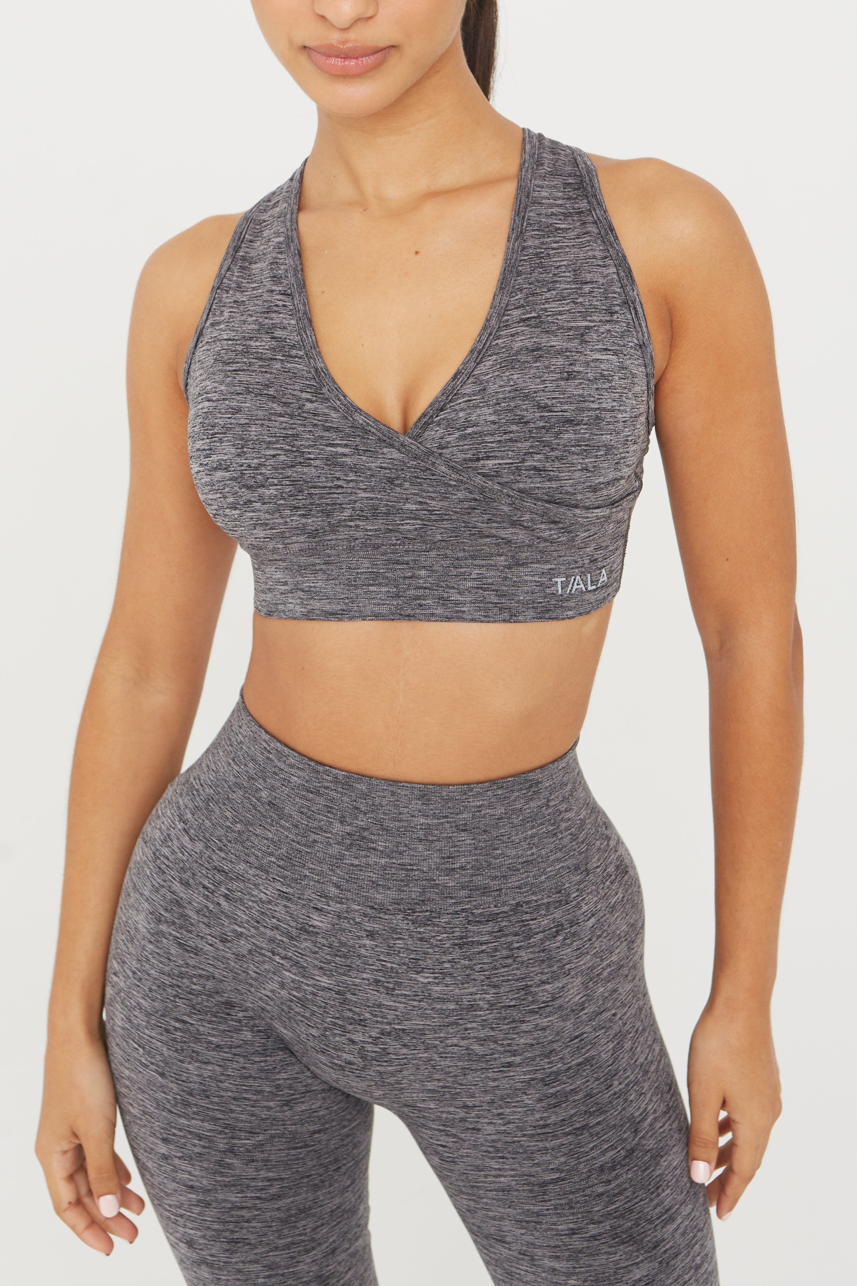 SCULPT SEAMLESS WRAP SPORTS BRA - CHARCOAL MARL – TALA