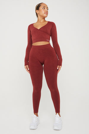 SCULPT SEAMLESS WRAP LONG SLEEVE CROP TOP - OXBLOOD RED MARL