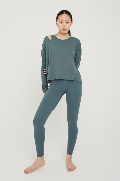 AIRLAYER CUT OUT SHOULDER LONG SLEEVE TOP - LAKE GREEN