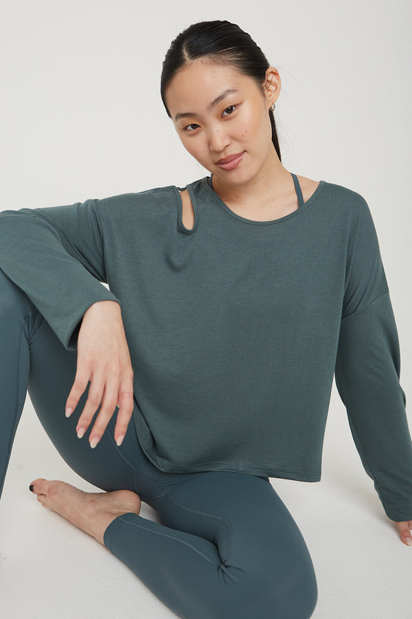 AIRLAYER CUT OUT SHOULDER LONG SLEEVE TOP - LAKE GREEN