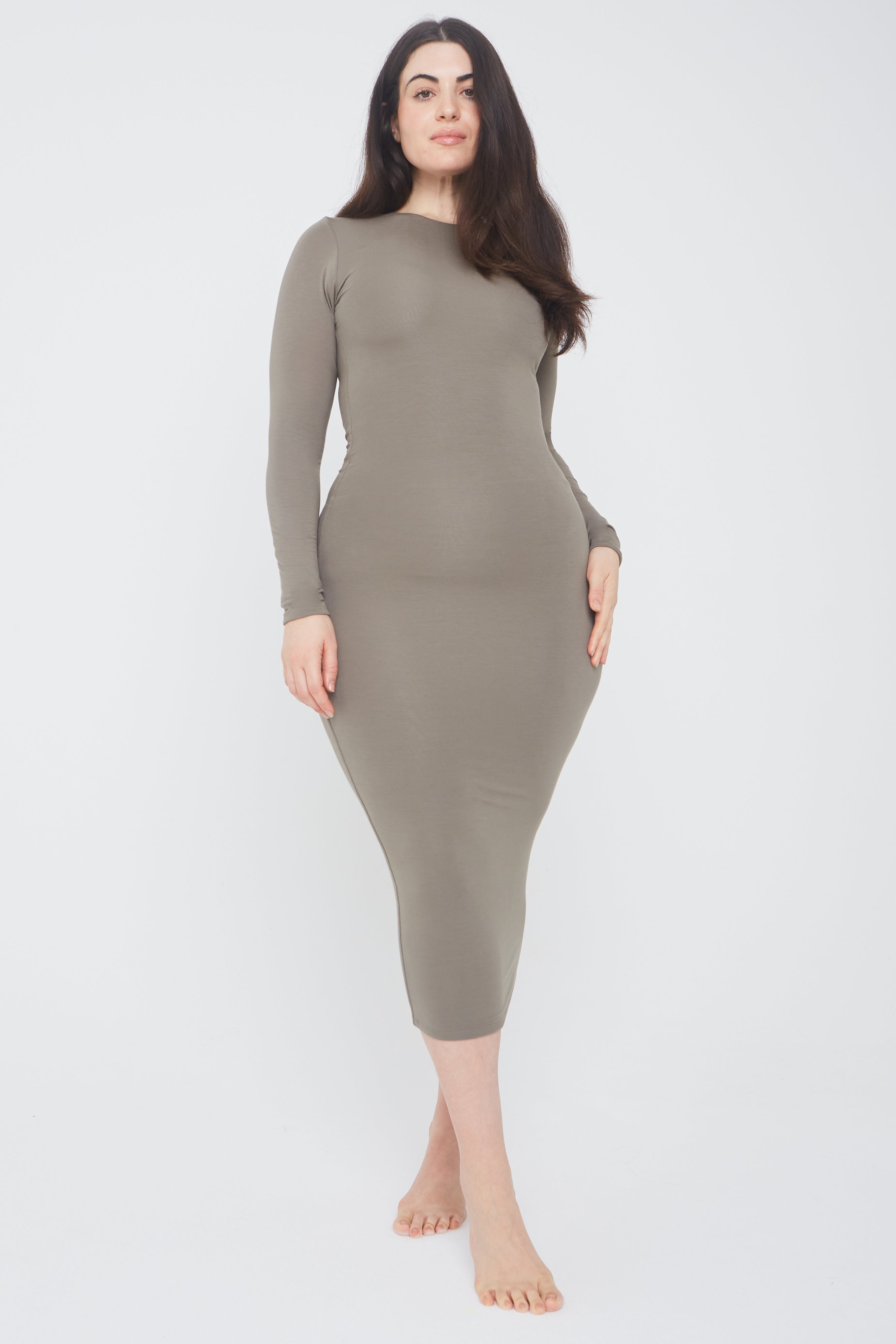 365 Long Sleeve Bodycon Maxi Dress - Vintage Khaki