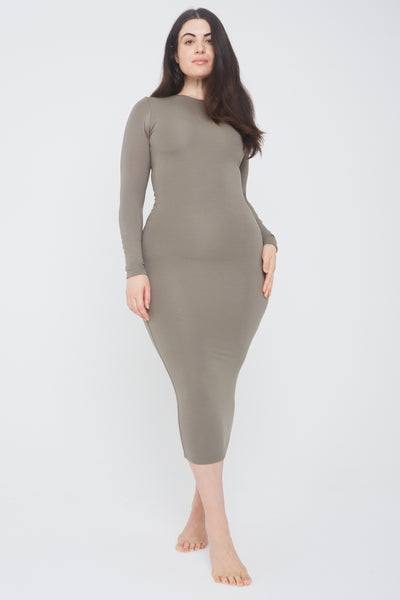 365 LONG SLEEVE BODYCON MIDI DRESS - VINTAGE KHAKI