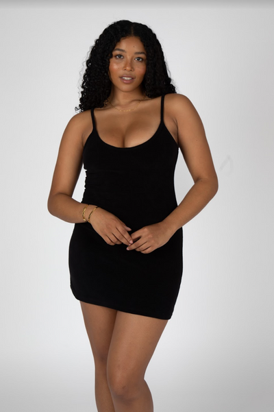 CANNES TOWELLING STRAPPY MINI DRESS - BLACK
