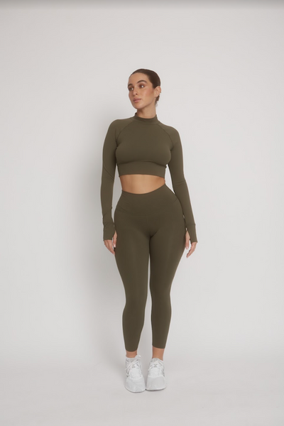 DAYFLEX MOCK NECK CROP LONG SLEEVE TOP - ARMY GREEN