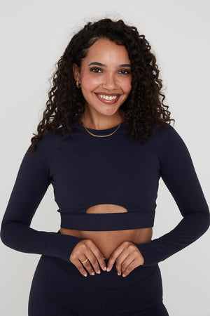 SkinLuxe Long Sleeve Crop Keyhole Top - Navy