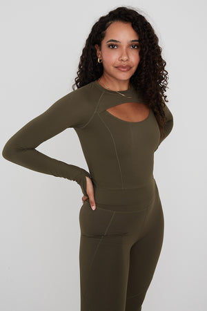 SKINLUXE CUT OUT LONG SLEEVE TOP - KHAKI